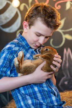 saman üzerinde oturan ve Paskalya arifesinde gri tavşan ile oynayan sevimli çocuk çocuk