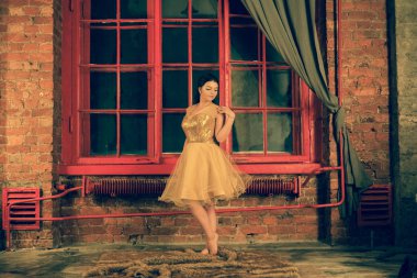 gri bir perde ile a büyük gece kırmızı pencere zemin üzerine altın pullu elbiseli güzel beyaz kız