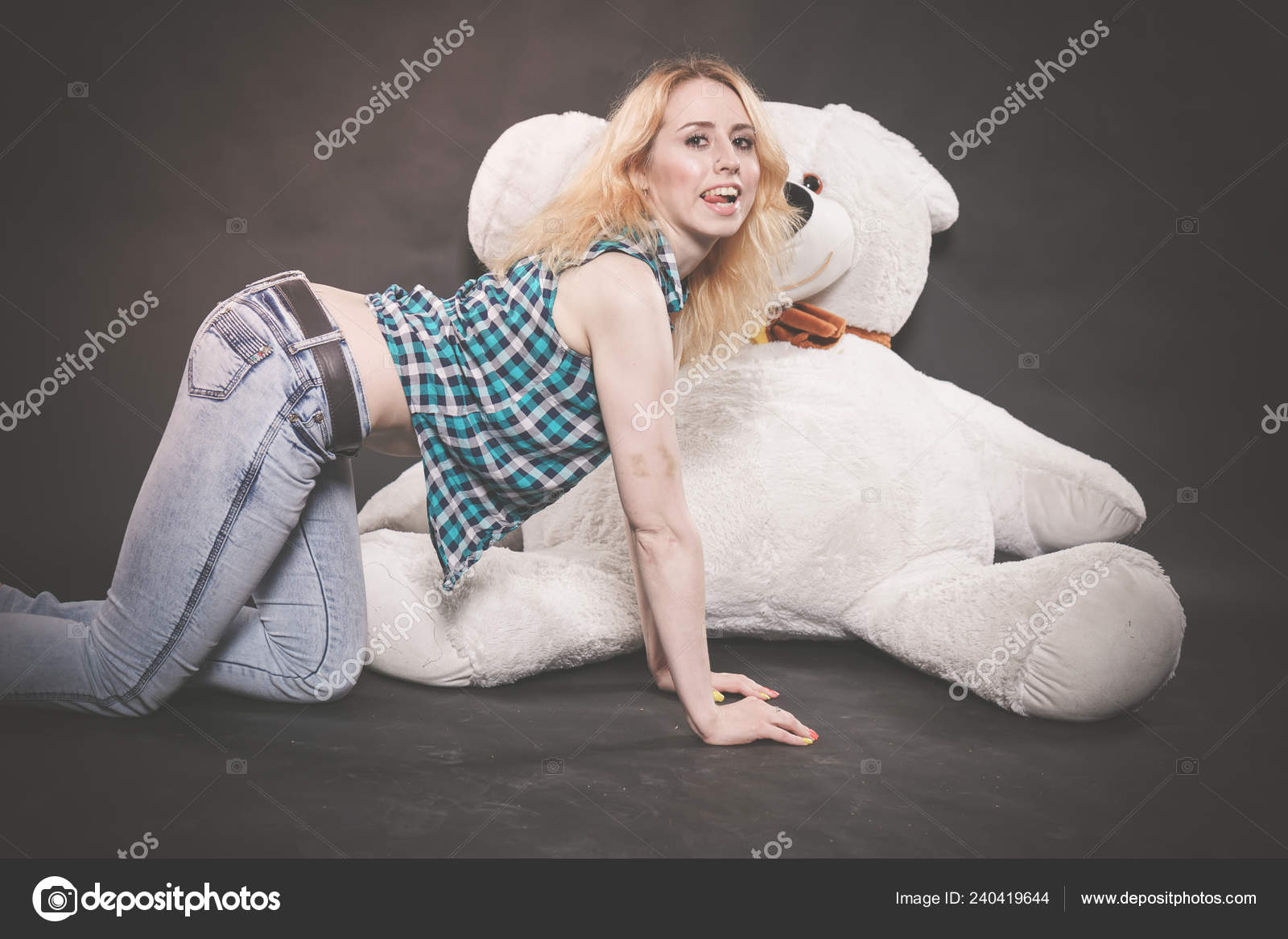 Cute Blonde Teen Jeans Plaid Shirt Plays Her Huge Teddy Stock