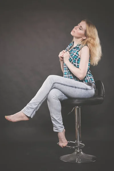Pretty Blonde Teen Girl Wearing Checkered Shirt Blue Jeans Chair — Stock Photo, Image