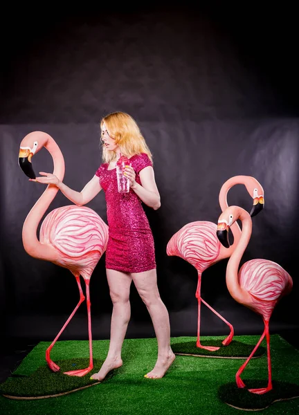 cute girl in fuchsia sequins dress resting and dancing with three big flamingos on black background