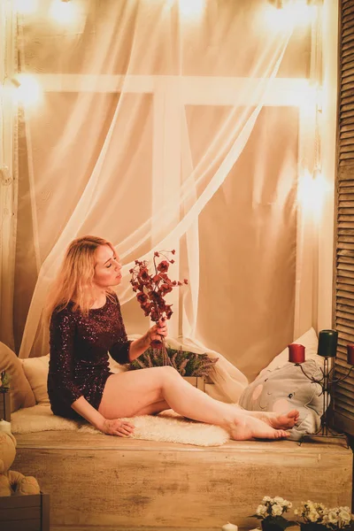 Charming Teenager Girl Red Dress Sequins Sits Window Sill White — Stock Photo, Image