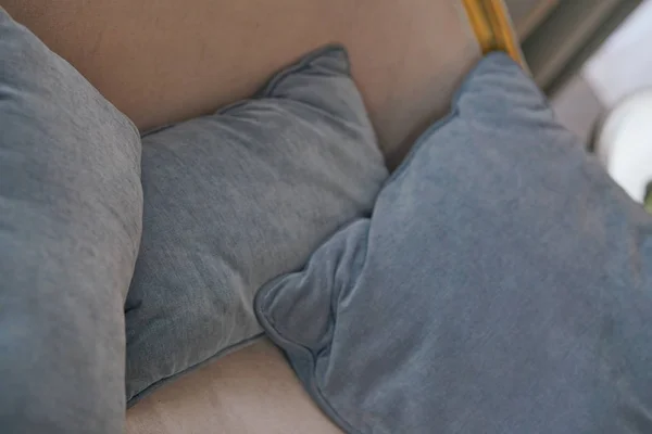 grey pillows on the cozy beige sofa