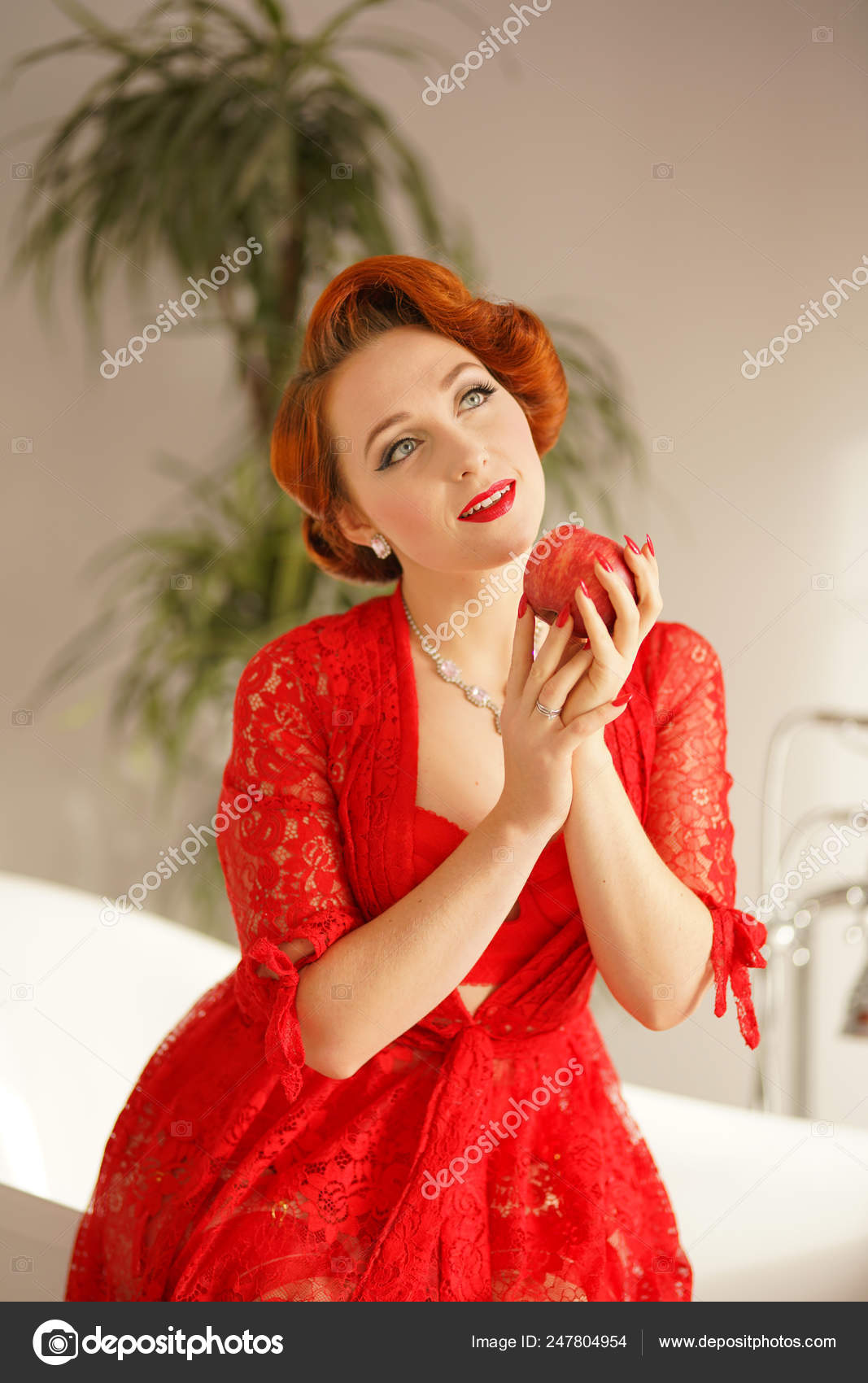 Beautiful Pin Girl Red Hair Posing Sexy Lace Robe Her Stock