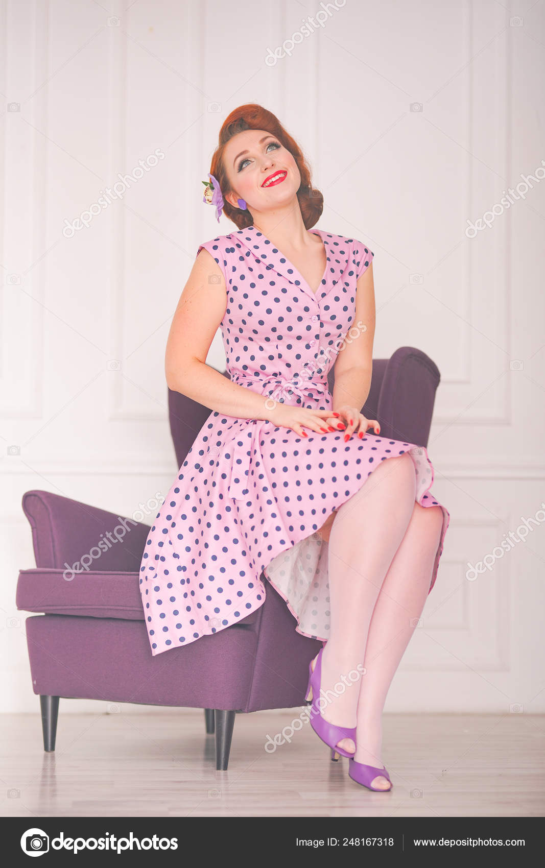 purple and white polka dot dress