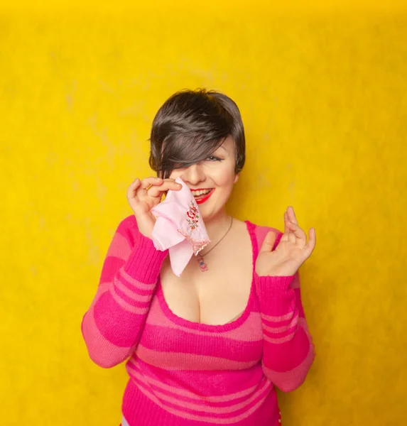 Allergy Woman Wear Pink Warm Sweater Standing Runny Nose Holding — Stock Photo, Image