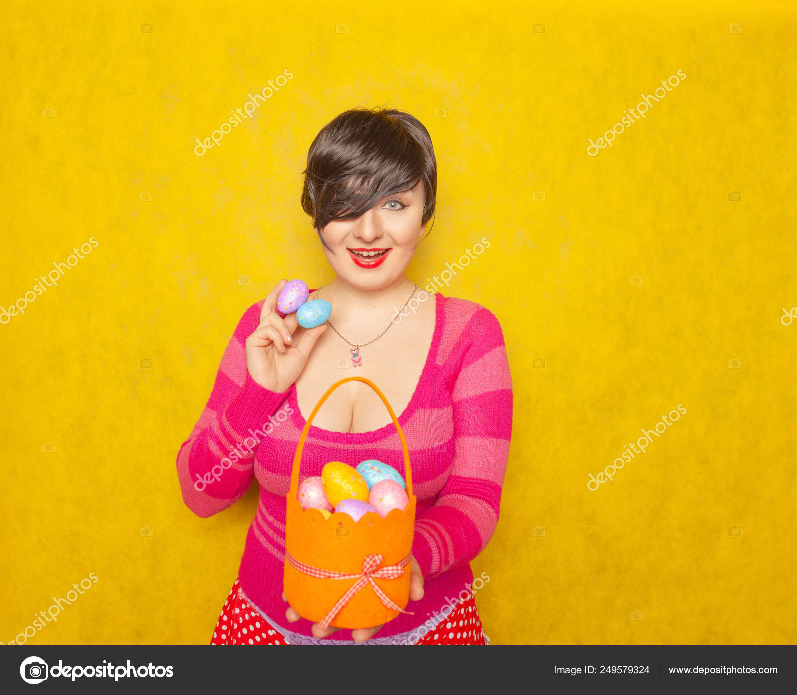Pretty Adult Chubby Woman Short Hair Holding Colorful Holiday Eggs