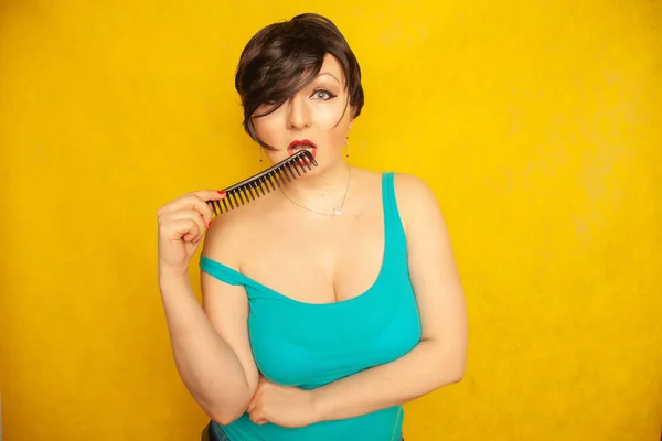 Cute Happy Smiling Girl Short Black Hair Bangs Have Fun — Stock Photo, Image