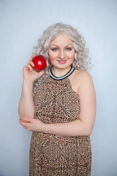 Chubby Blonde Girl Wearing Summer Dress Posing Big Red Apple Stock Photo