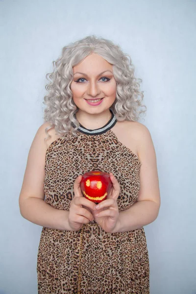 Chubby Blonde Girl Wearing Summer Dress Posing Big Red Apple Royalty Free Stock Images