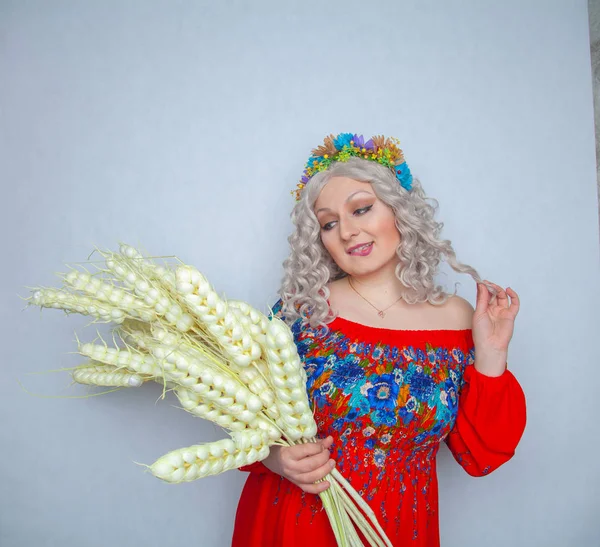 Beautiful Chubby Blonde Girl Red Dress Wheat Bouquet White Studio Stock Photo