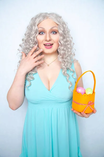 Charming Smiling Blonde Teenager Stands Blue Dress Orange Basket Painted — Stock Photo, Image