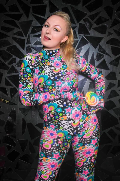 club party girl in acid anime style spandex jumpsuit on black background