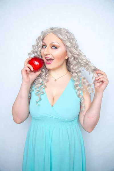 Blonde Curly Girl Blue Dress Holding Tasty Big Red Apple — Stock Photo, Image