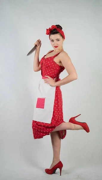 Perigoso Pin Menina Dona Casa Vermelho Vintage Polka Dot Dress — Fotografia de Stock