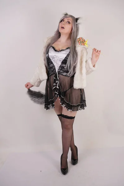 sexy chubby girl wearing maid transparent lingerie dress and wolf ears with furry tail on white background alone