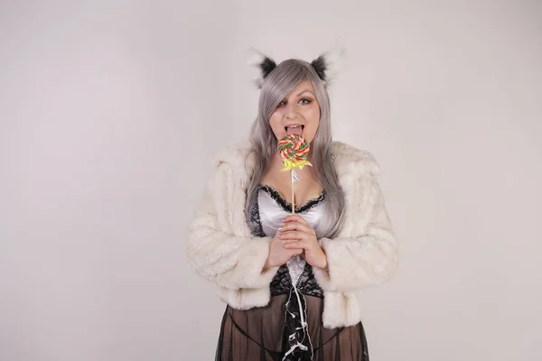 Sexy Gordinha Menina Vestindo Empregada Vestido Lingerie Transparente Lobo Orelhas — Fotografia de Stock