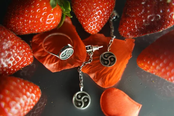 Δαχτυλίδι Και Σκουλαρίκια Σύμβολο Του Bdsm Ψέματα Μεταξύ Τις Φράουλες — Φωτογραφία Αρχείου