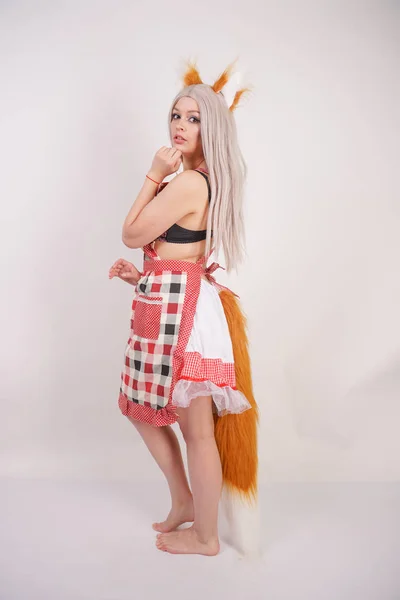 Cute Młoda Dziewczynka Kaukaski Kratę Ławki Puszysty Fox Uszy Długi — Zdjęcie stockowe