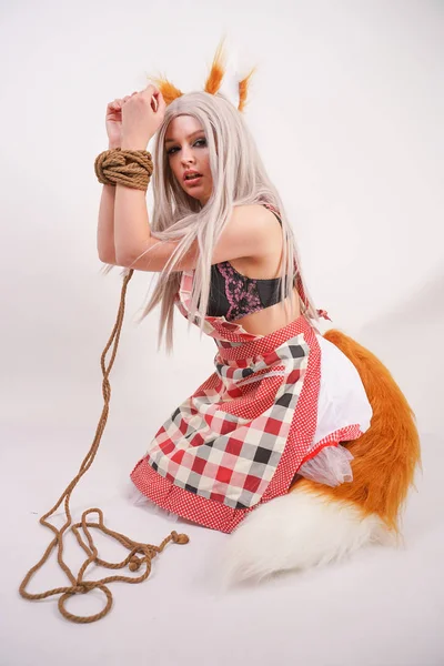 Encantadora Menina Loira Assustada Traje Fox Com Orelhas Pele Uma — Fotografia de Stock