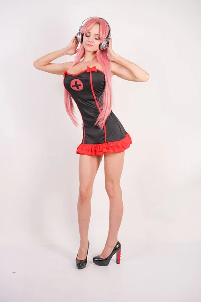 Aranyos Fiatal Lány Rózsaszín Hosszú Haj Fekete Vörös Szex Nővér — Stock Fotó