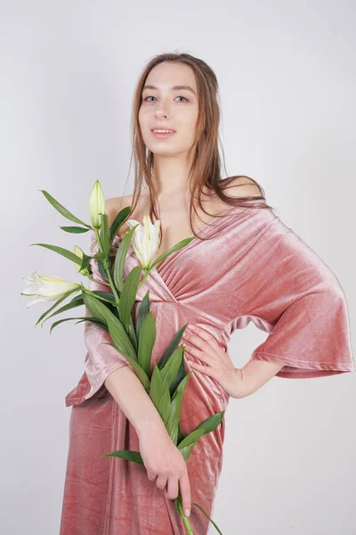 Shy Caucasian Girl Big Eyes Stands Velvet Pink Dress Holds — Stock Photo, Image