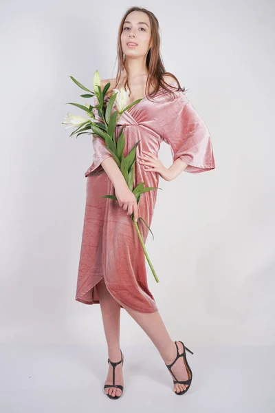 Shy Caucasian Girl Big Eyes Stands Velvet Pink Dress Holds — Stock Photo, Image