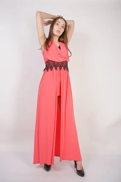 Charming Young Girl Red Evening Long Dress Black Lace Stands — Stock Photo, Image