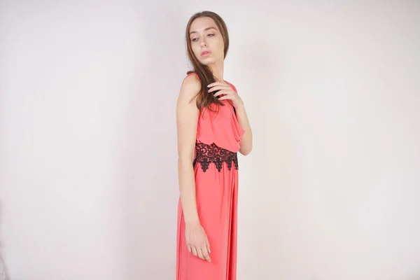 Charming Young Girl Red Evening Long Dress Black Lace Stands — Stock Photo, Image