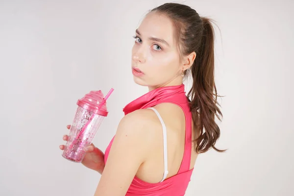 Jonge Mooie Kaukasische Tiener Meisje Een Roze Kort Onderwerp Met — Stockfoto