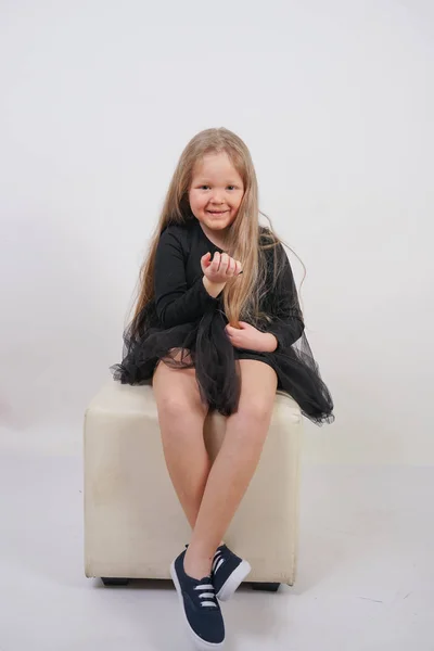 Cute Little Baby Girl Long Blonde Hair Sits Touches Her — Stock Photo, Image