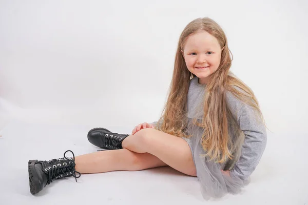 Cute Shy Caucasian Baby Girl Grey Dress Alternative Big Boots — Stock Photo, Image