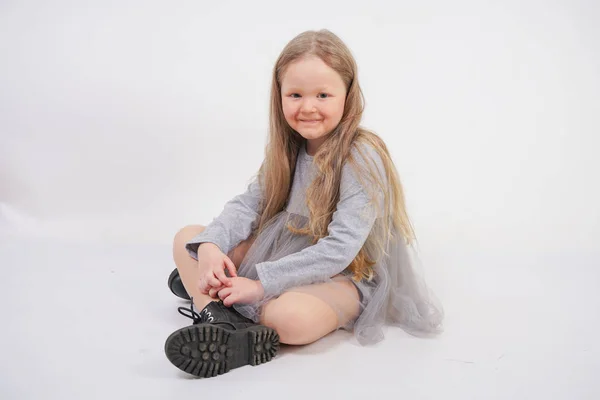 Cute Shy Caucasian Baby Girl Grey Dress Alternative Big Boots — Stock Photo, Image