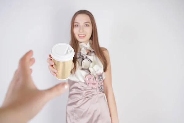 Cute Teen Caucasian Girl Pretty Evening Dress Gives Paper Cup — Stock Photo, Image