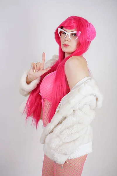 Сексуальна Пухка Рожева Волохата Жінка Сексуальній Білизні Куртці Пластиковими Сонцезахисними — стокове фото