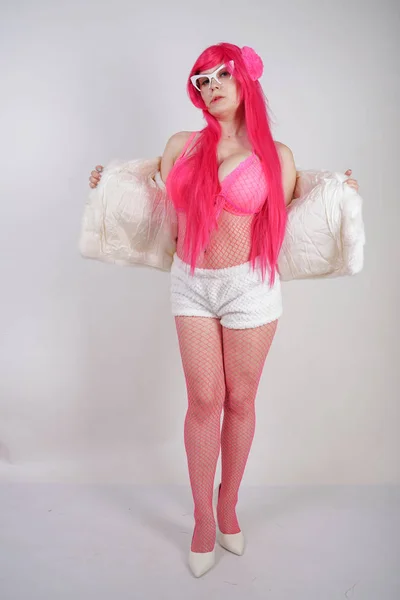 Sexy Gordita Mujer Pelo Rosa Con Lencería Sexy Chaqueta Piel —  Fotos de Stock