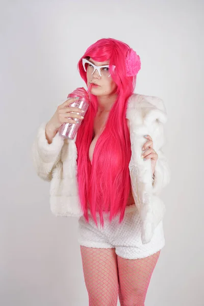 Sexy Gordita Mujer Pelo Rosa Con Lencería Sexy Chaqueta Piel —  Fotos de Stock