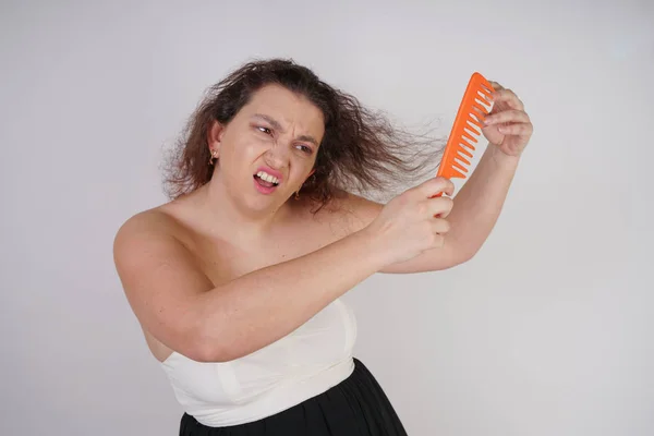 Emotional Unhappy Woman Disheveled Hair Tries Comb Them Suffers Curvy — Stock Photo, Image