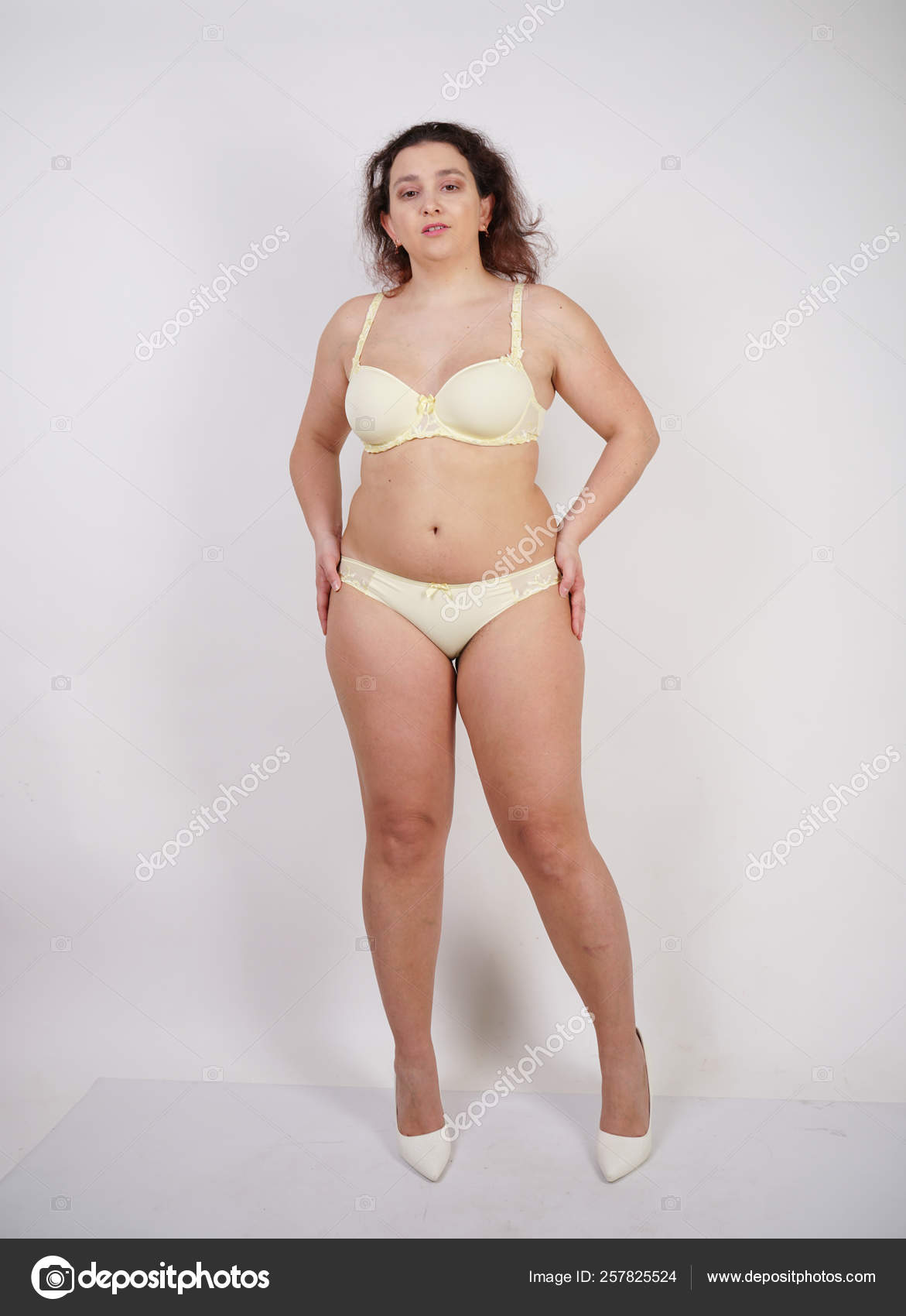 Pretty Chubby Girl Wearing Fashionable Yellow Underwear Loves Her