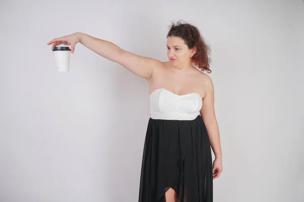 Chubby Woman Paper Cup Coffee Stands Disgusted Drink Showing Emotions — Stock Photo, Image