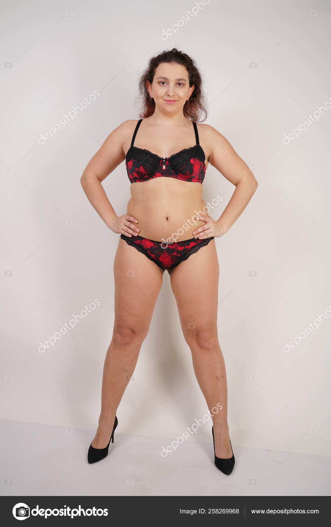 Feminine Chubby Woman Size Body Black Lingerie Posing White