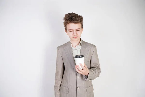 Tired Teen Boy Grey Business Suit Paper Cup Coffee Hand — Stock Photo, Image
