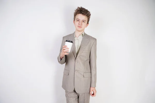 Teenager Male Gray Business Suit Paper Cup Coffee Hand White — Stock Photo, Image