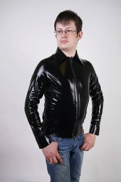 Caucasian Nerd Chubby Man Dressed Fashionable Latex Rubber Fetish Clothes — Stock Photo, Image