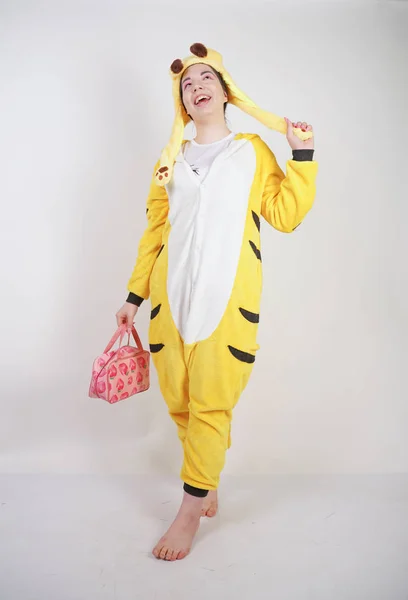 Funny Cheerful Girl Big Yellow Pajamas Kigurumi Posing White Background — Stock Photo, Image