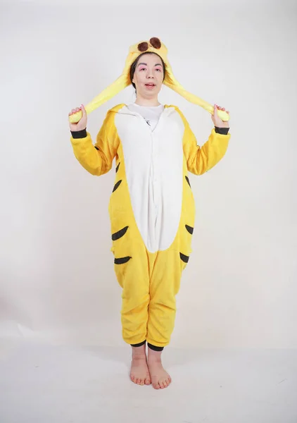 Funny Cheerful Girl Big Yellow Pajamas Kigurumi Posing White Background — Stock Photo, Image