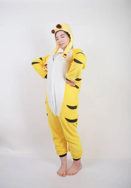 Funny Cheerful Girl Big Yellow Pajamas Kigurumi Posing White Background — Stock Photo, Image