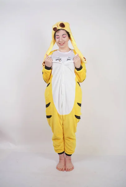 Funny Cheerful Girl Big Yellow Pajamas Kigurumi Posing White Background — Stock Photo, Image