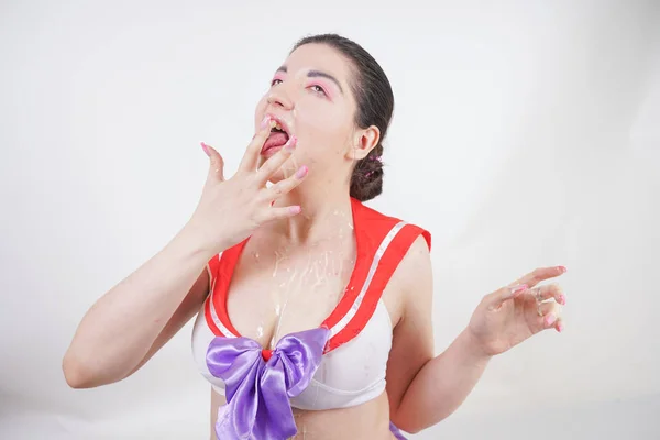 Sexy Chubby Woman Big Tits Dressed Cosplay School Uniform Doused — Stock Photo, Image