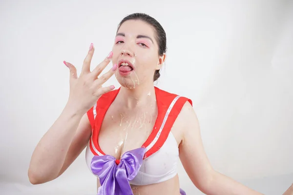 Sexy Chubby Žena Velkými Prsy Oblečenou Cosplay School Uniformu Kondenzovaným — Stock fotografie